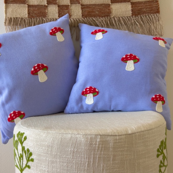 Mushroom Embroidered Throw Accent Pillow Periwinkle 16”x16” - - Picture 3 of 4